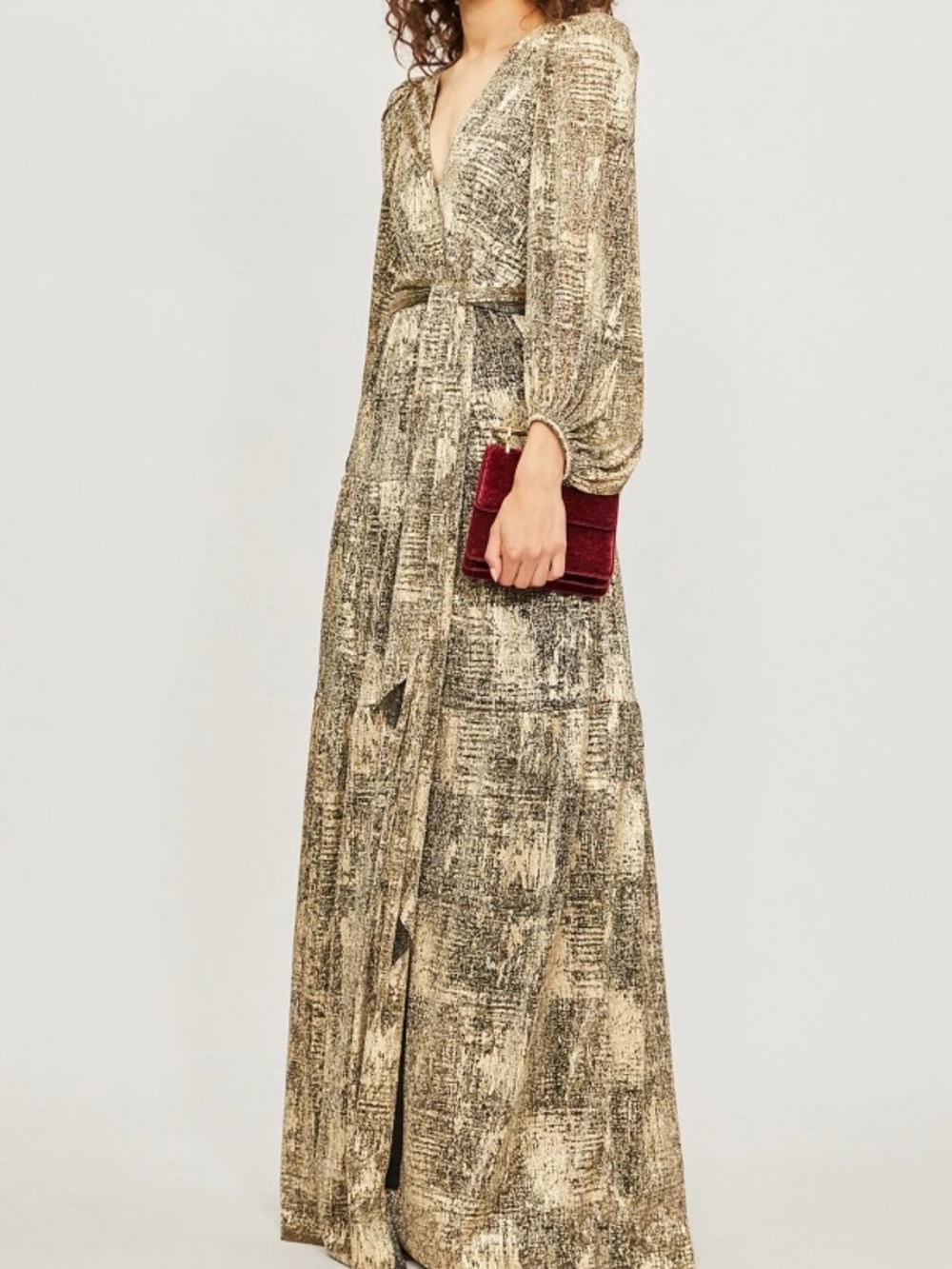 ba&sh Metallic Gold-Black Textured Maxi Wrap Dress